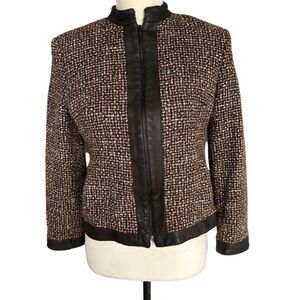 Kate Hill Women's Brown Wool blend Tweed Jacket 6P Short Leather Trim